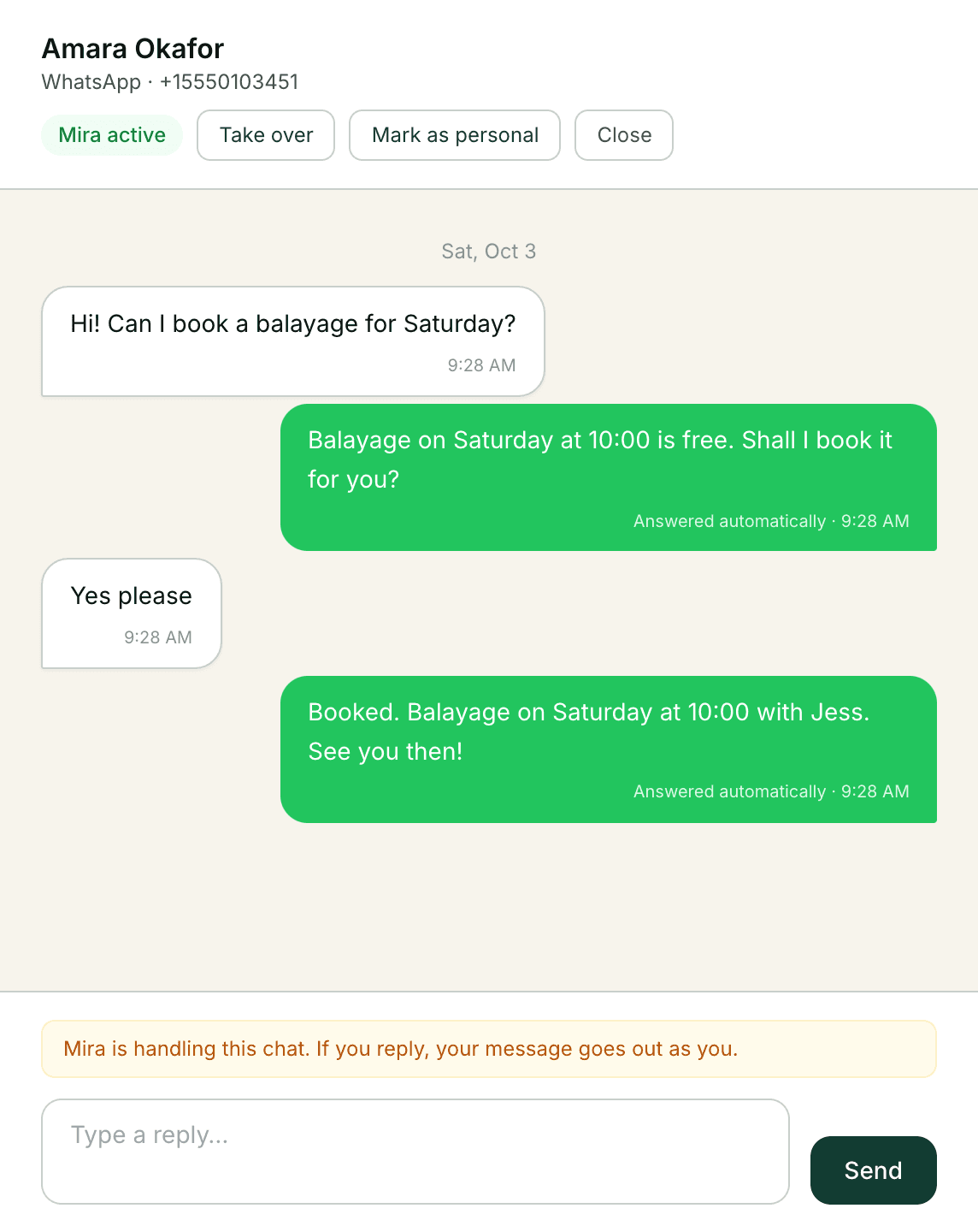 A customer asks for a balayage on Saturday; the assistant offers the free slot and books it after she says yes. The reply is labelled Answered automatically.