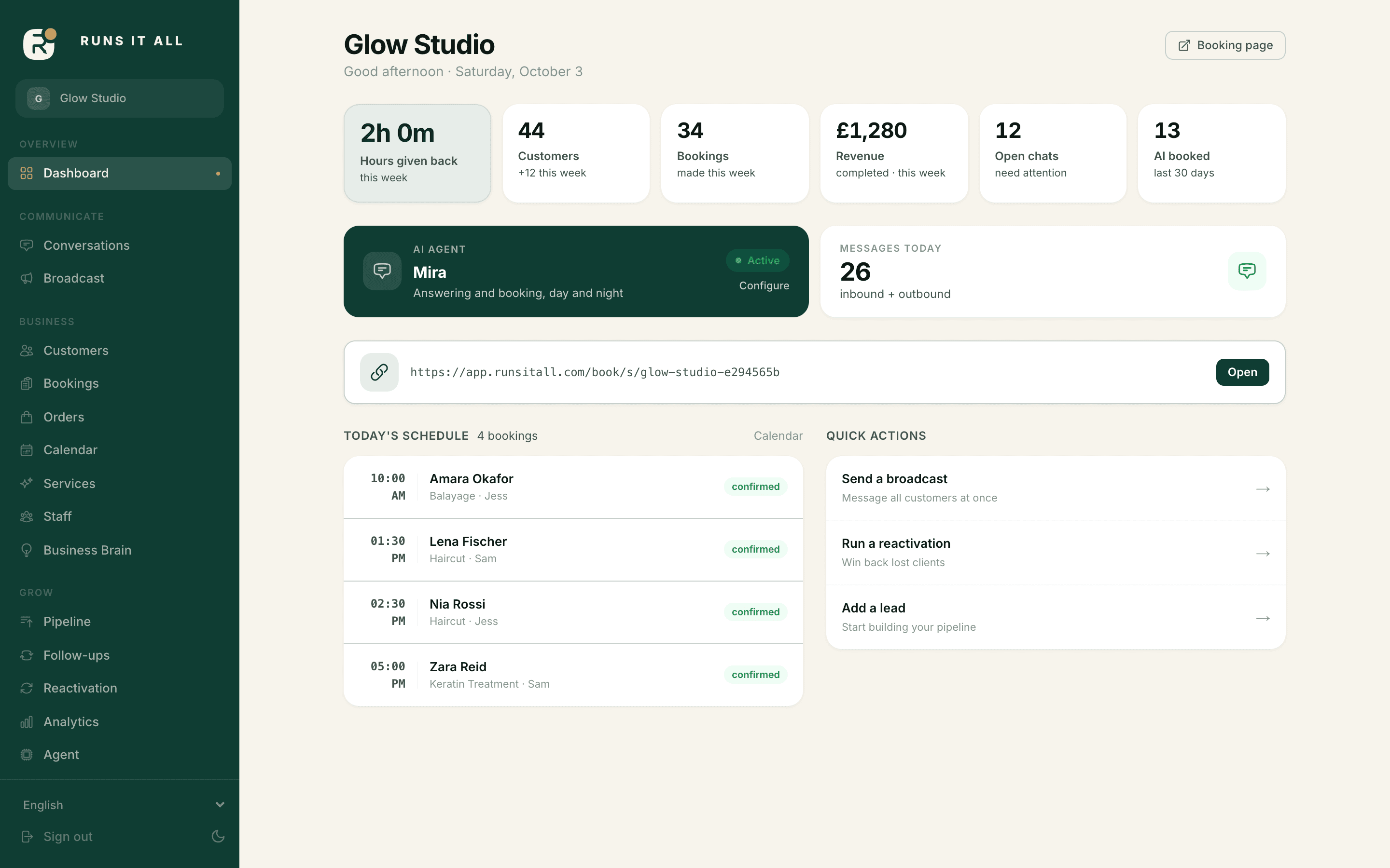 The dashboard of a demo salon: time given back, customers, bookings, revenue, open chats, and today's schedule.