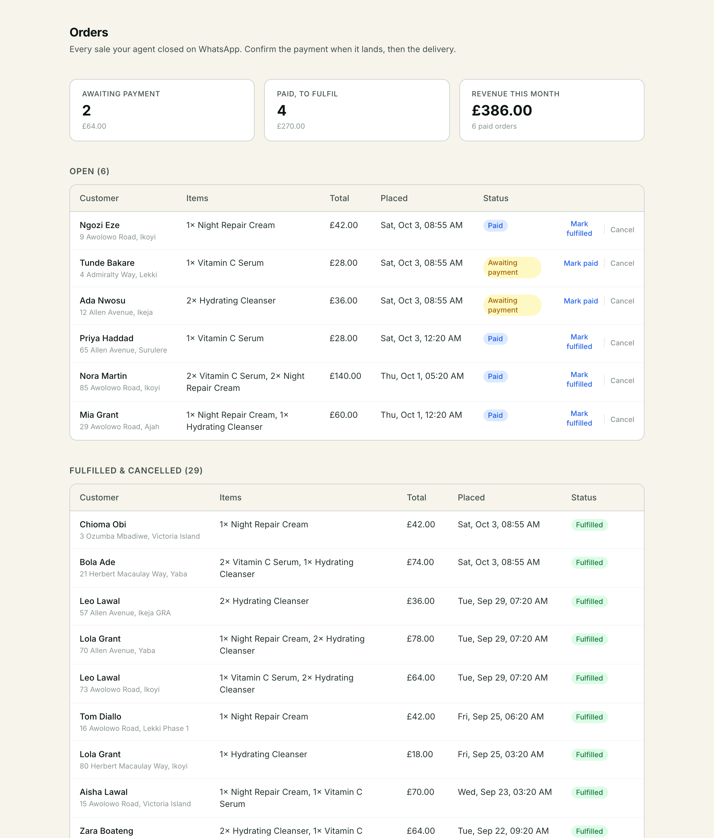 The orders list: each order with its items, total, delivery address and whether it is awaiting payment, paid or fulfilled.