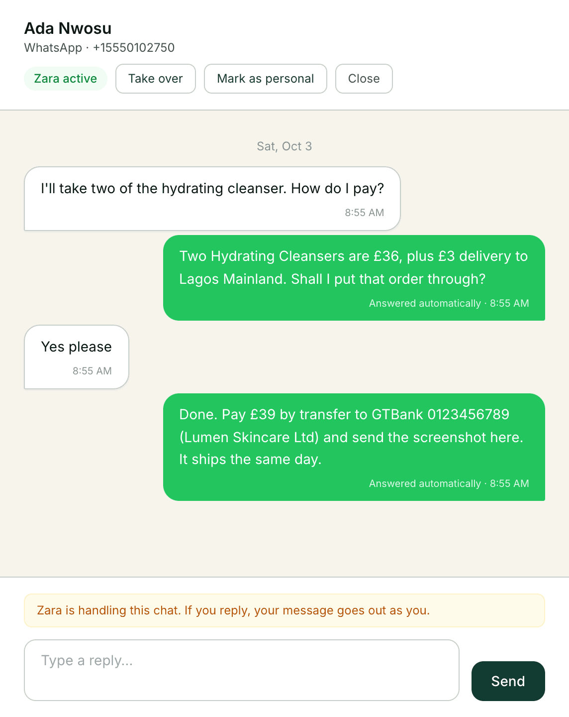A customer orders two cleansers; the assistant gives the total with delivery, asks to confirm, then sends the bank details.