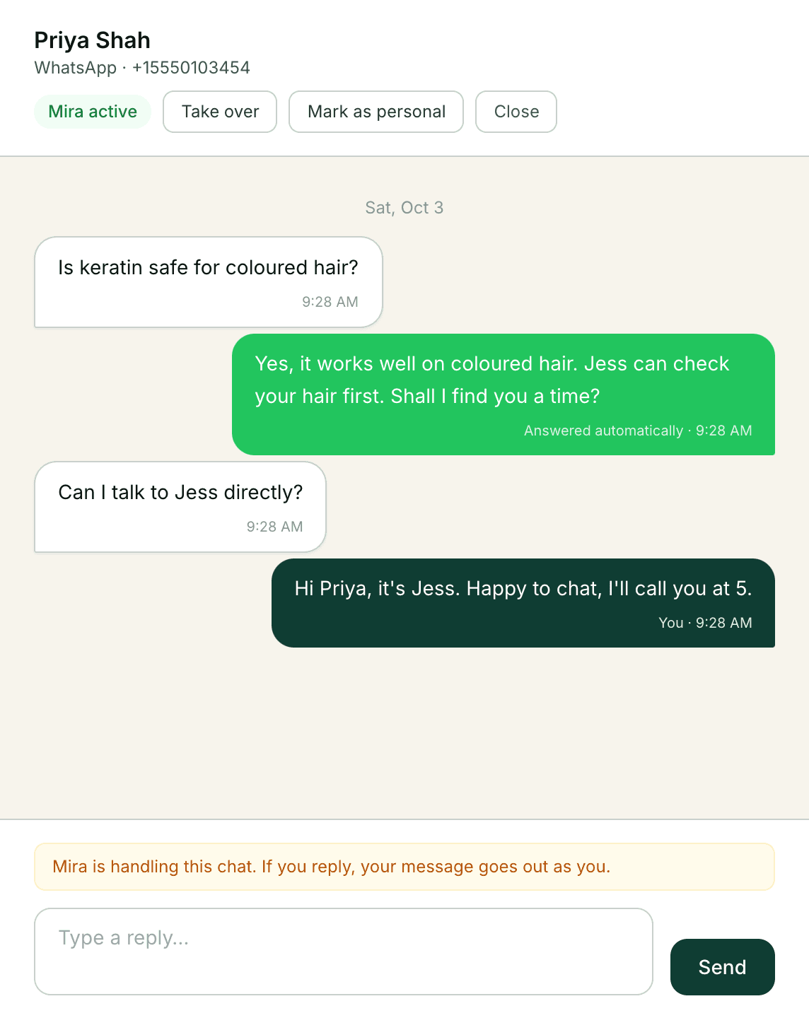 A conversation where the automated reply is labelled Answered automatically and the owner's own reply is labelled You.